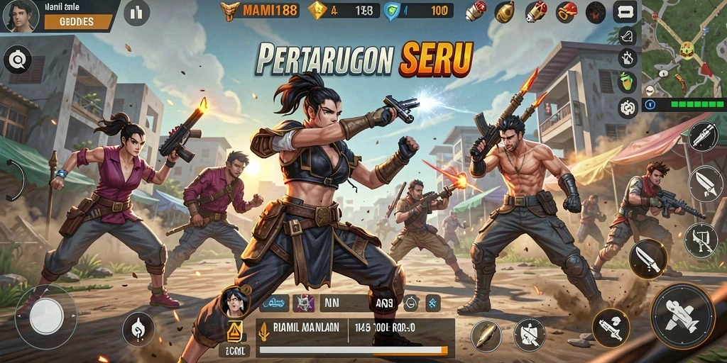 Screenshot gameplay MAMI188 menampilkan pertarungan seru dalam mode Battle Royale.