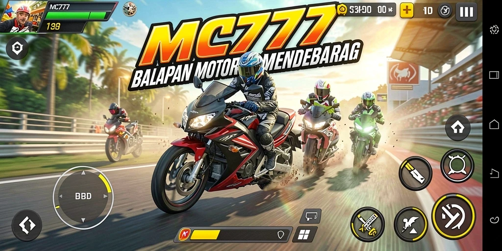 Gameplay seru MC777 dengan balapan motor yang mendebarkan.