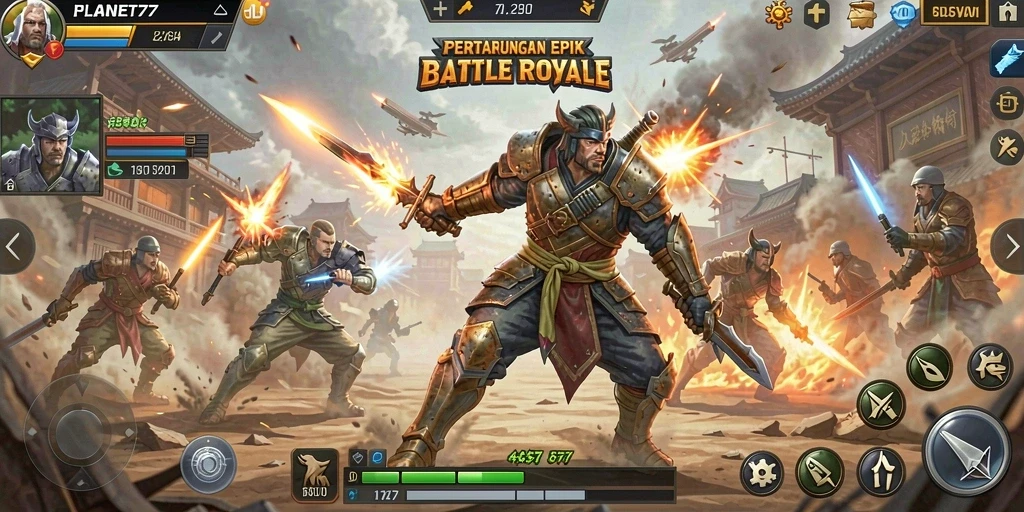 Tampilan gameplay intens dari pertempuran Battle Royale di PLANET77.