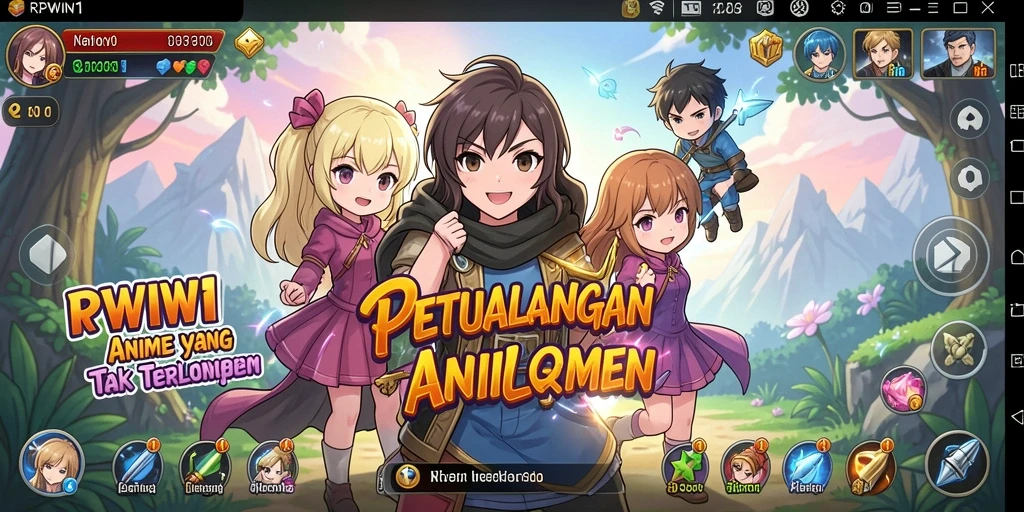 Screenshot gameplay RPWIN1 dengan aksi karakter anime yang dinamis.