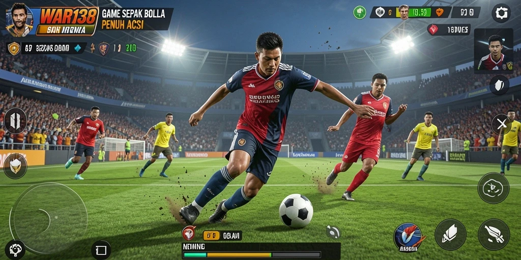 Screenshot menunjukkan gameplay dinamis dan aksi seru dalam sepak bola.