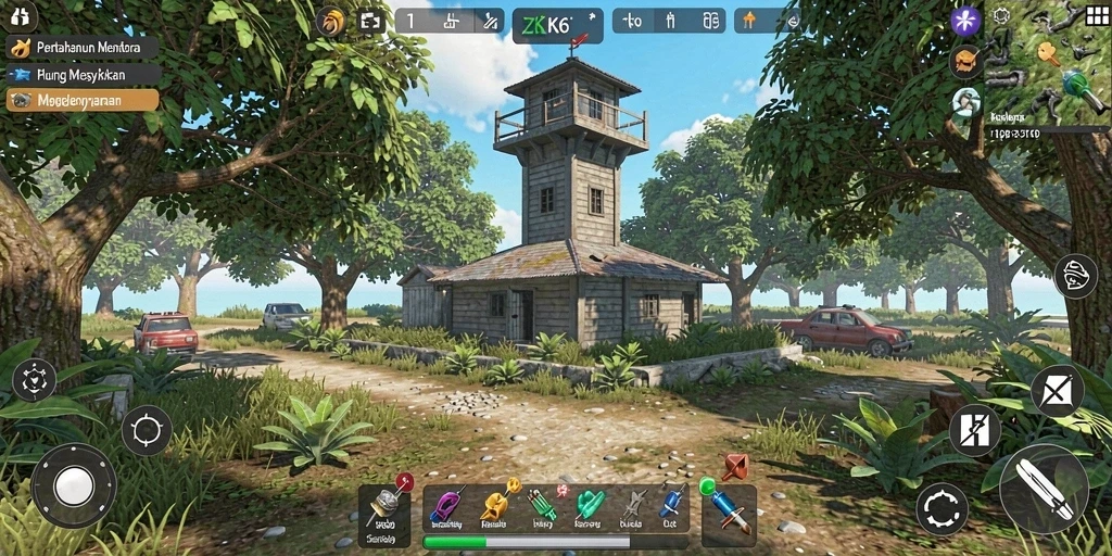Gameplay ZK6 dengan menara pertahanan yang strategis.